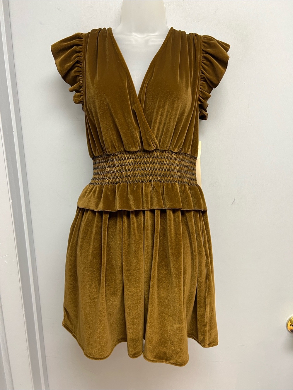 Happy x Nature Velvet Smocked Mini Dress | Bronze Brown | NWT | Size S